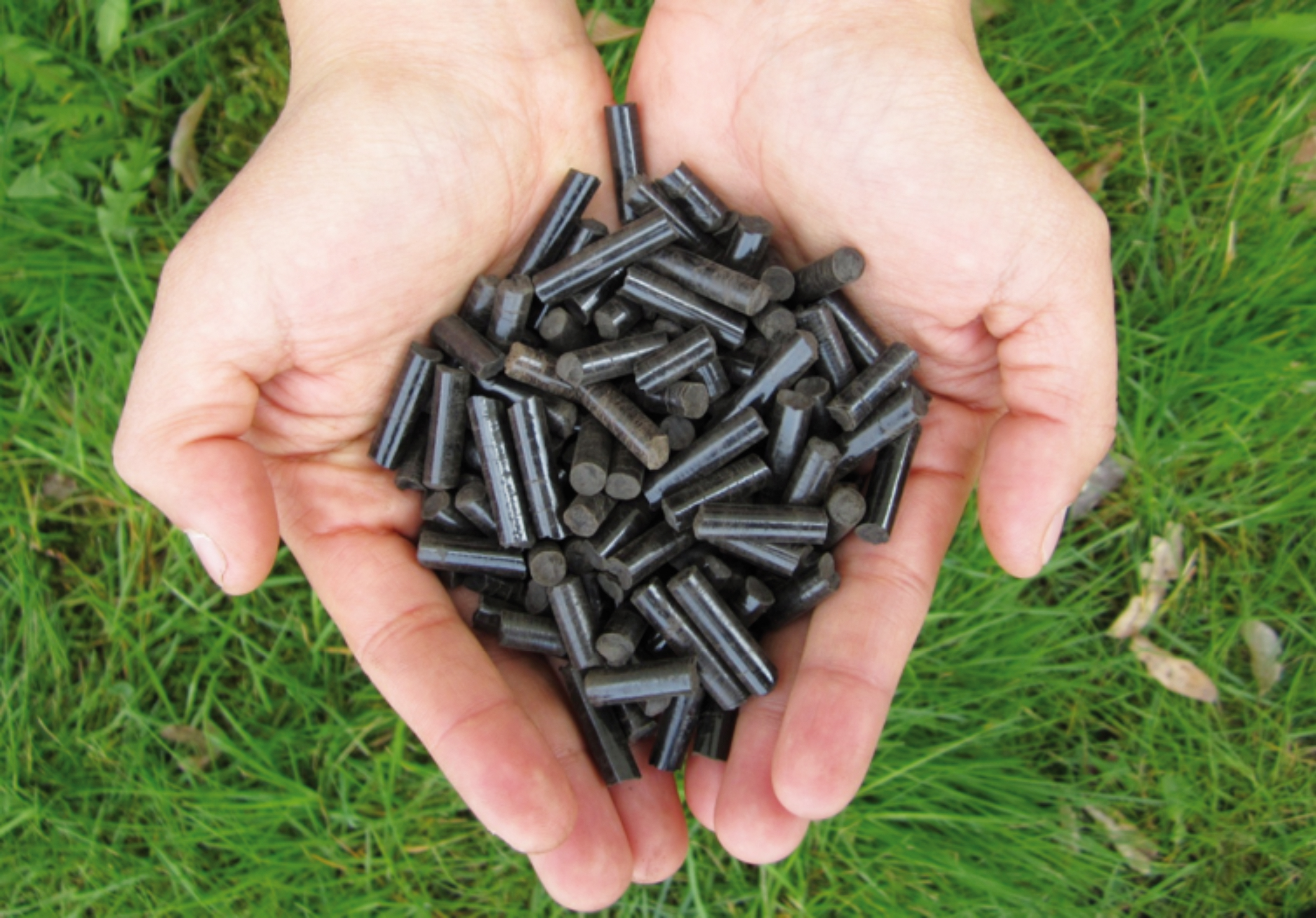 The photo shows two hands full of fertiliser pellets. The EU-project PhosFarm is focussed on finding ways to produce such pellets from agricultural waste.