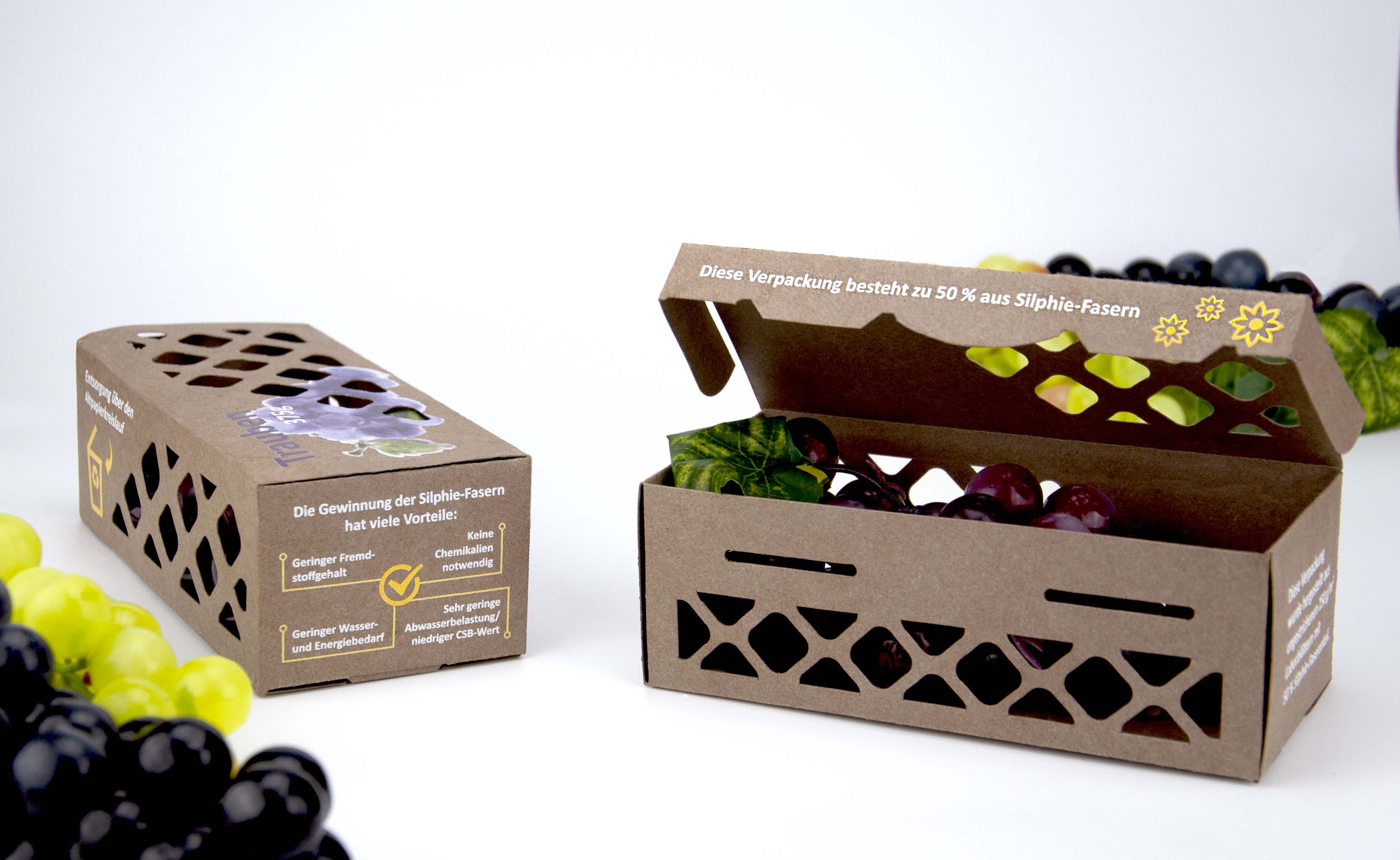 Two brown cardboard boxes for grapes.