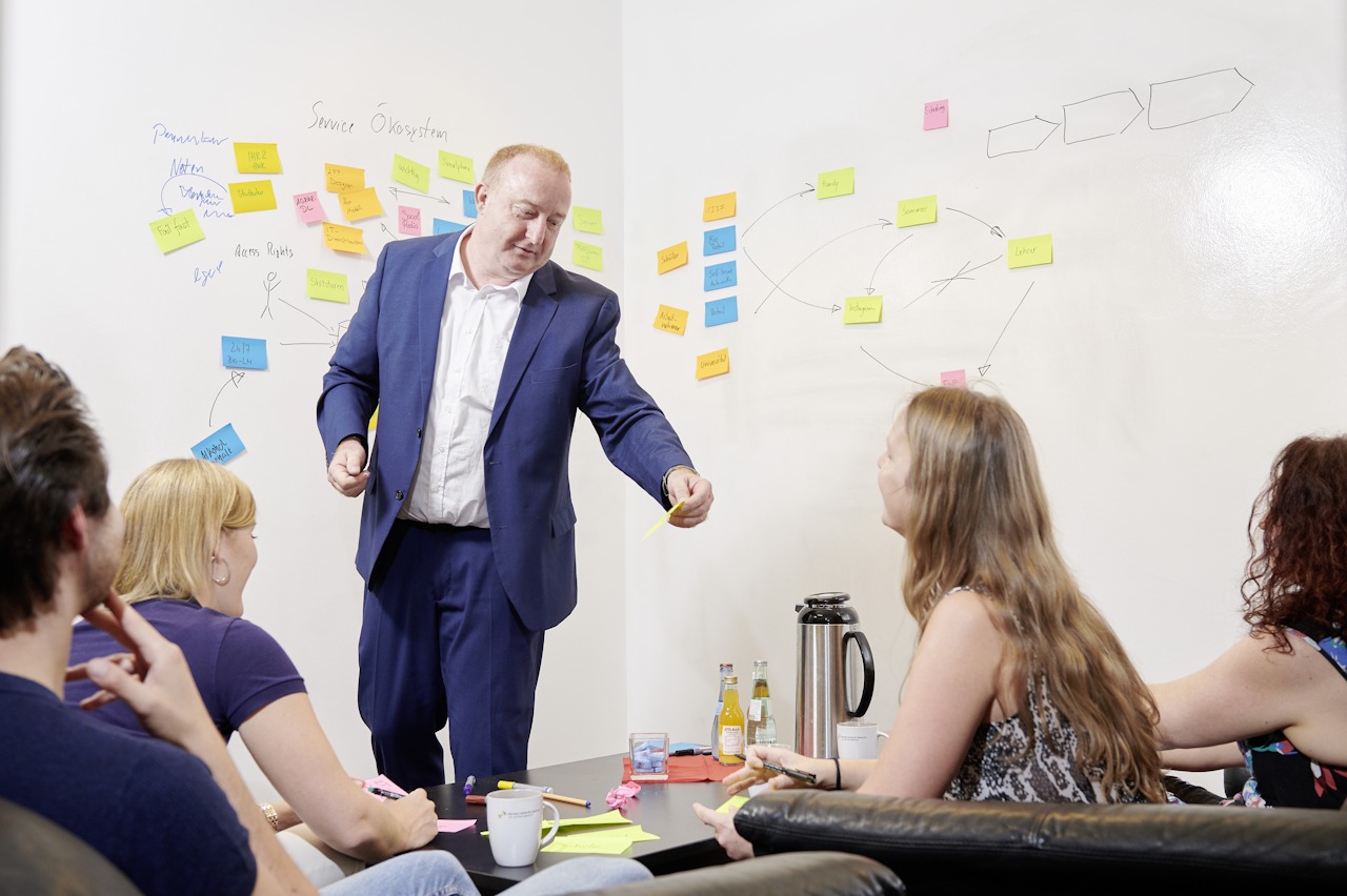 Prof. Dr. Dieter Hertweck (stehend im Hintergrund) beim Brainstorming mit vier Studierenden, die sitzend von hinten zu sehen sind.