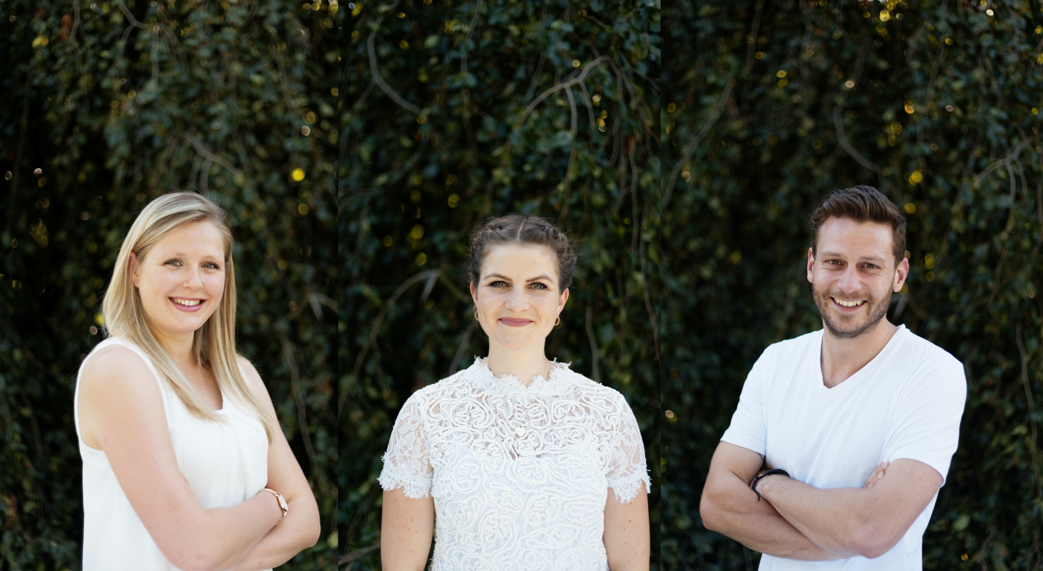 Das Team von Zero Bullshit Company: Zwei junge Frauen und ein junger Mann in weißer Kleidung in der Natur