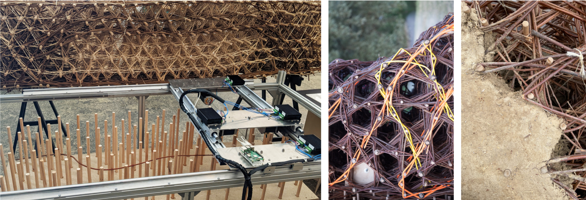 The photograph on the left shows a machine sliding over a plate of vertical rods and braiding a strand of willow. A larger braided component can be seen in the background. The photograph in the centre shows a close-up of the braid, and the right photograph shows the braid partially filled with clay.