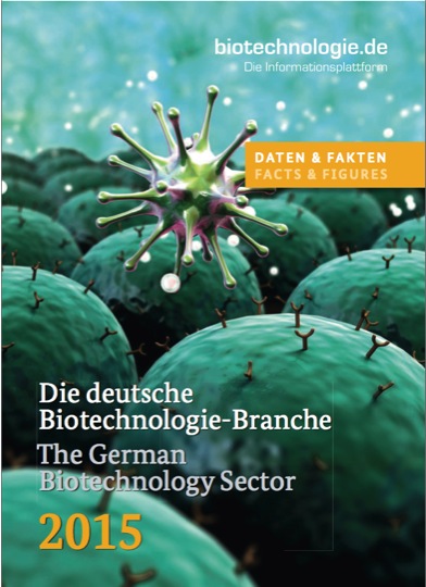 Zu sehen ist das Cover des biotechnologie.de-Reports 2015: Ein stacheliges Virus schwebt über einer Antigen-bestückten Zell-Landschaft.