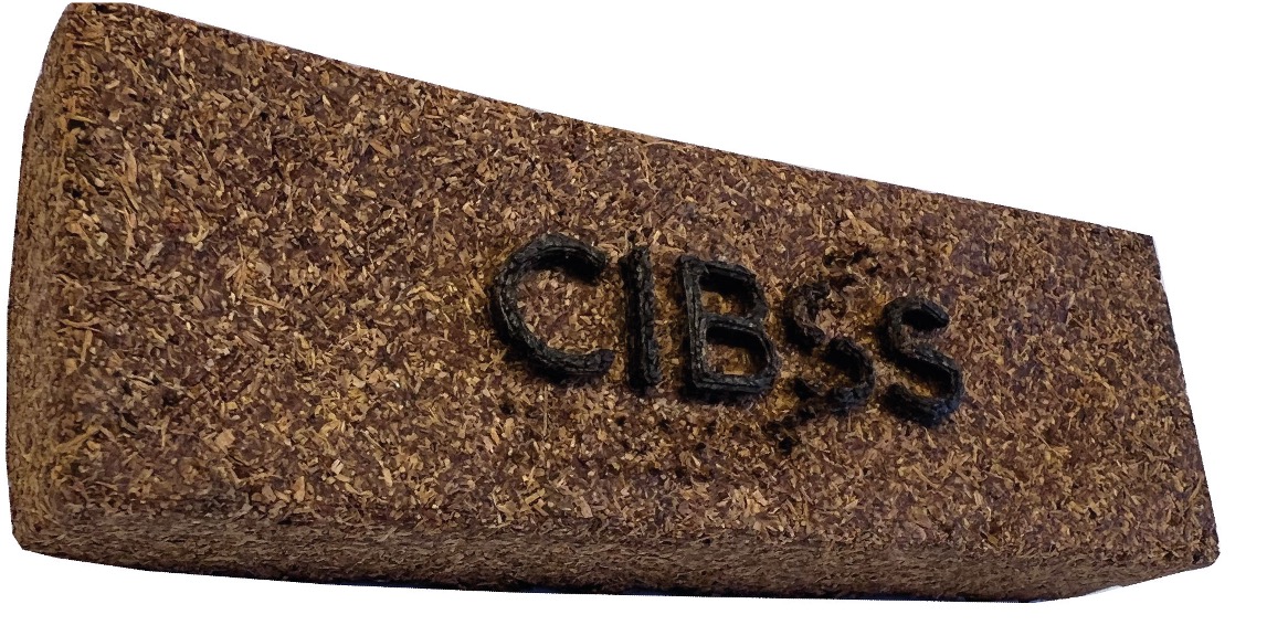 Ein braunes, rechteckiges, holzähnliches Stück Werkstoff mit schwarzer Aufschrift „CIBSS“.