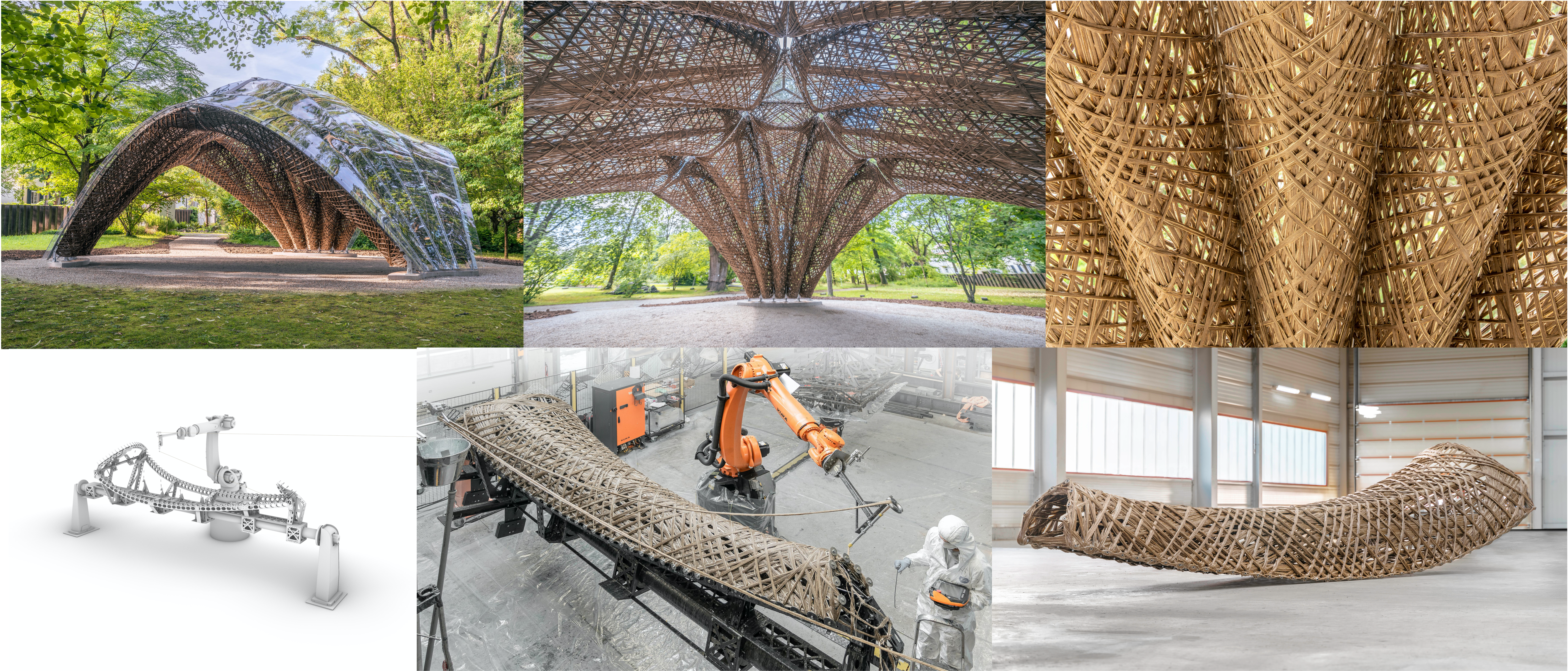 You can see three photos of the livMatS pavilion, showing the complete pavilion in the form of a hemisphere open at the side, a view from the inside of the filigree winding structure and a detailed view of the wound elements.