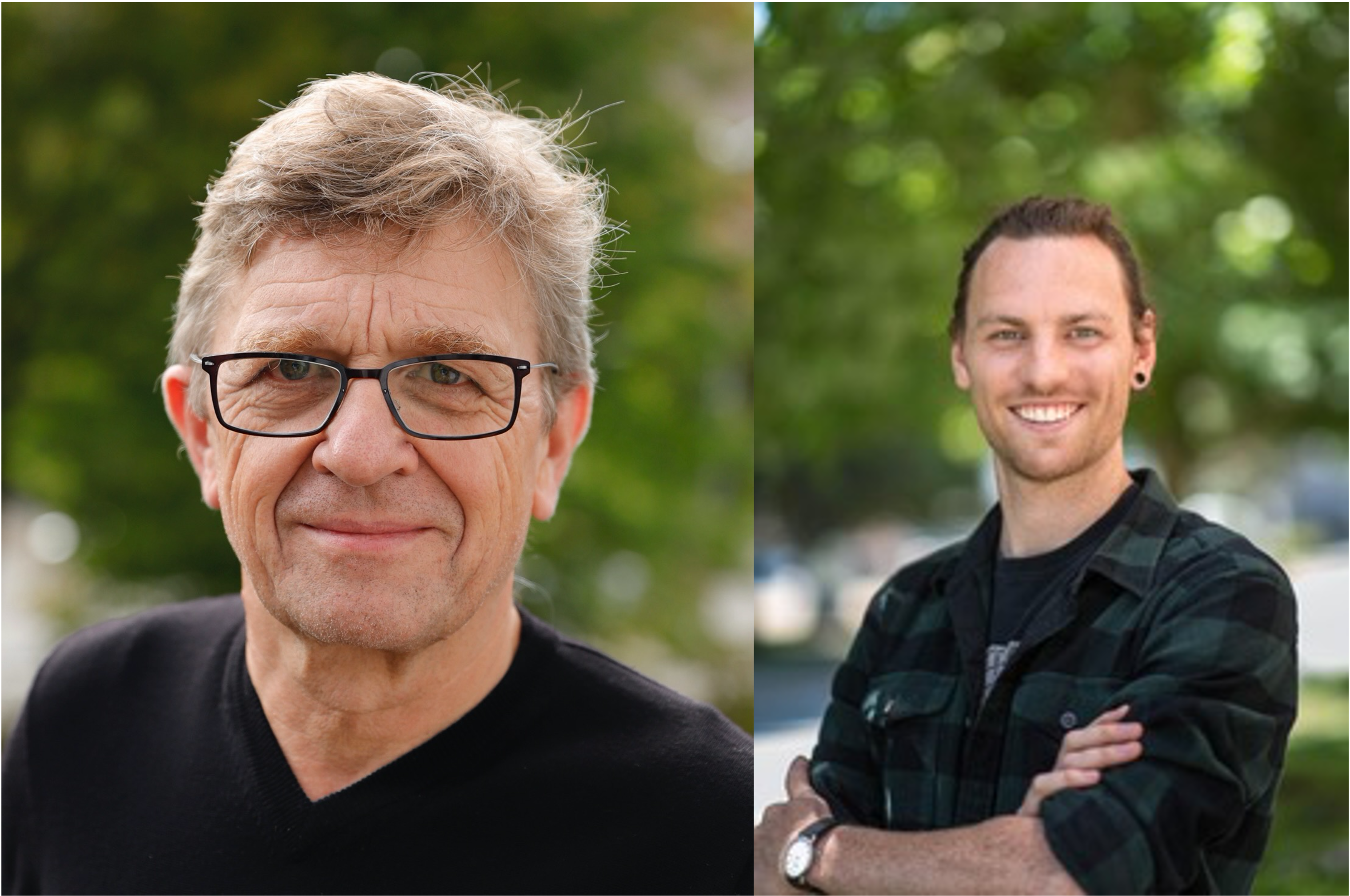 Portraits of the two biologists against a green background.