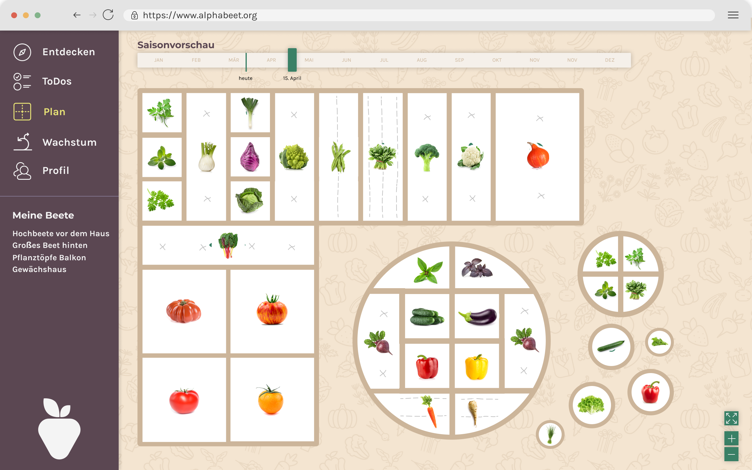 Internet browser with the alphabeet page open. On the left is a menu to choose from various options including “Discover”, “ToDos”, “Plan”, “Growth”, “Profile” and “My Beds”. "Plan" is open, which shows the seasonal change in the crops grown in the selected bed.