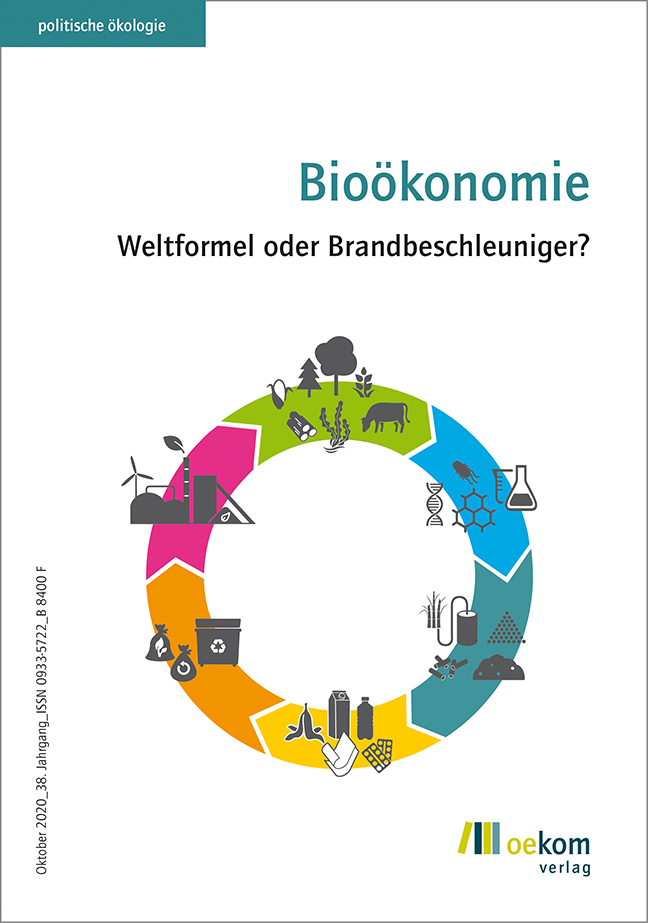 Das Cover der Zeitschrift „politische ökologie“ mit dem Titel „ Bioökonomie Weltenformel oder Brandbeschleuniger“.