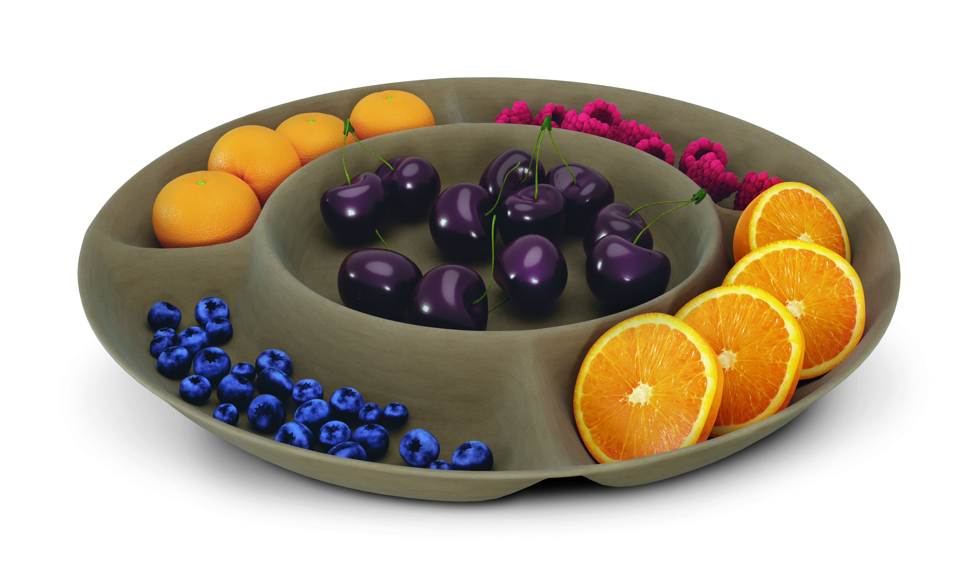 Computermodell einer braunen Papierschale mit mehreren Fächern, in denen jeweils eine Obstsorte – Mandarinen, Himbeeren, Orangenschnitze, Heidelbeeren außen und in der Mitte Kirschen – liegt.