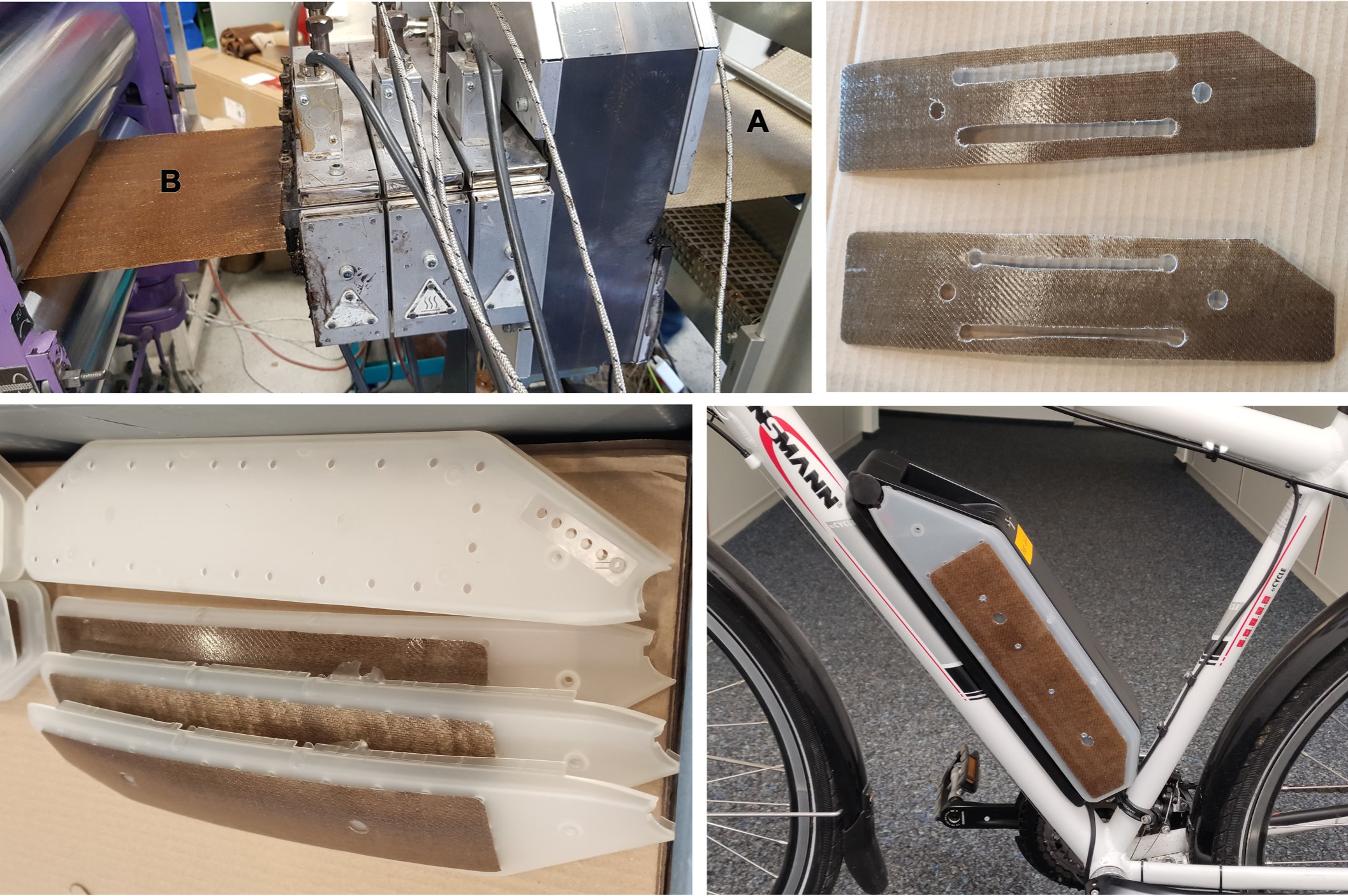 Four photos illustrating the manufacturing process of the battery cases. In the picture at the top left, a machine is visible that produces brown organo sheets from flax fabric. Next to it on the right are the cut-to-size inserts with recesses, at the bottom left the whitish case panels with integrated inserts and at the bottom right an e-bike battery assembled from them and mounted on a bicycle.