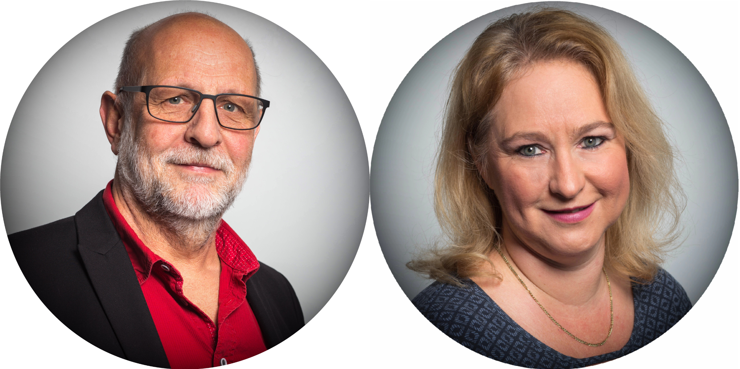 Farbige Porträtfotos von Dr. Rainer Schrägle und Yvonne Bosch.