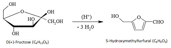 Fructose (in Keilstrichformel) reagiert unter Abspaltung von drei Wassermolekülen zu HMF ( Keilstrichformel).