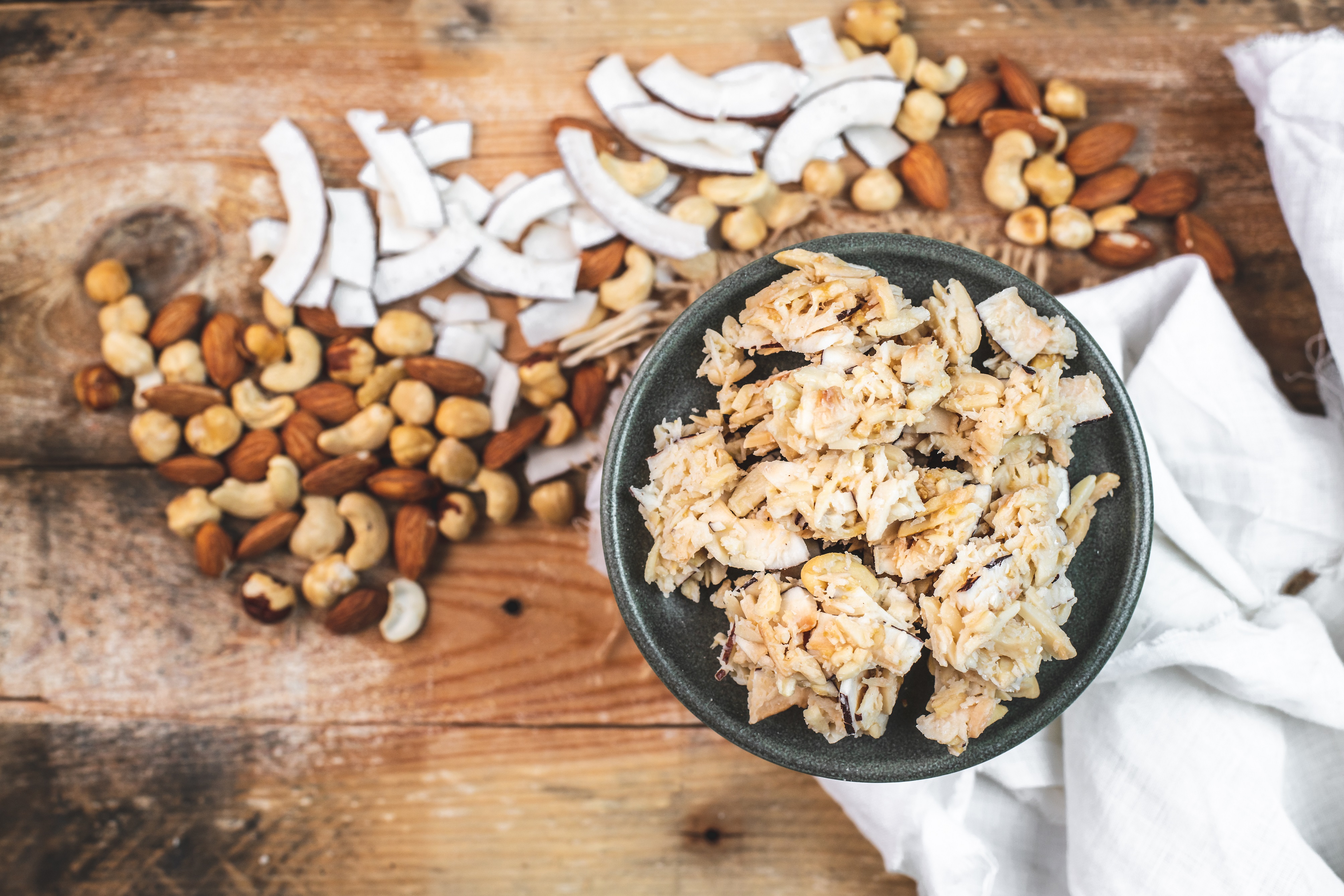 Chocolatey, brown nut crispies and light exotic nut snacks.