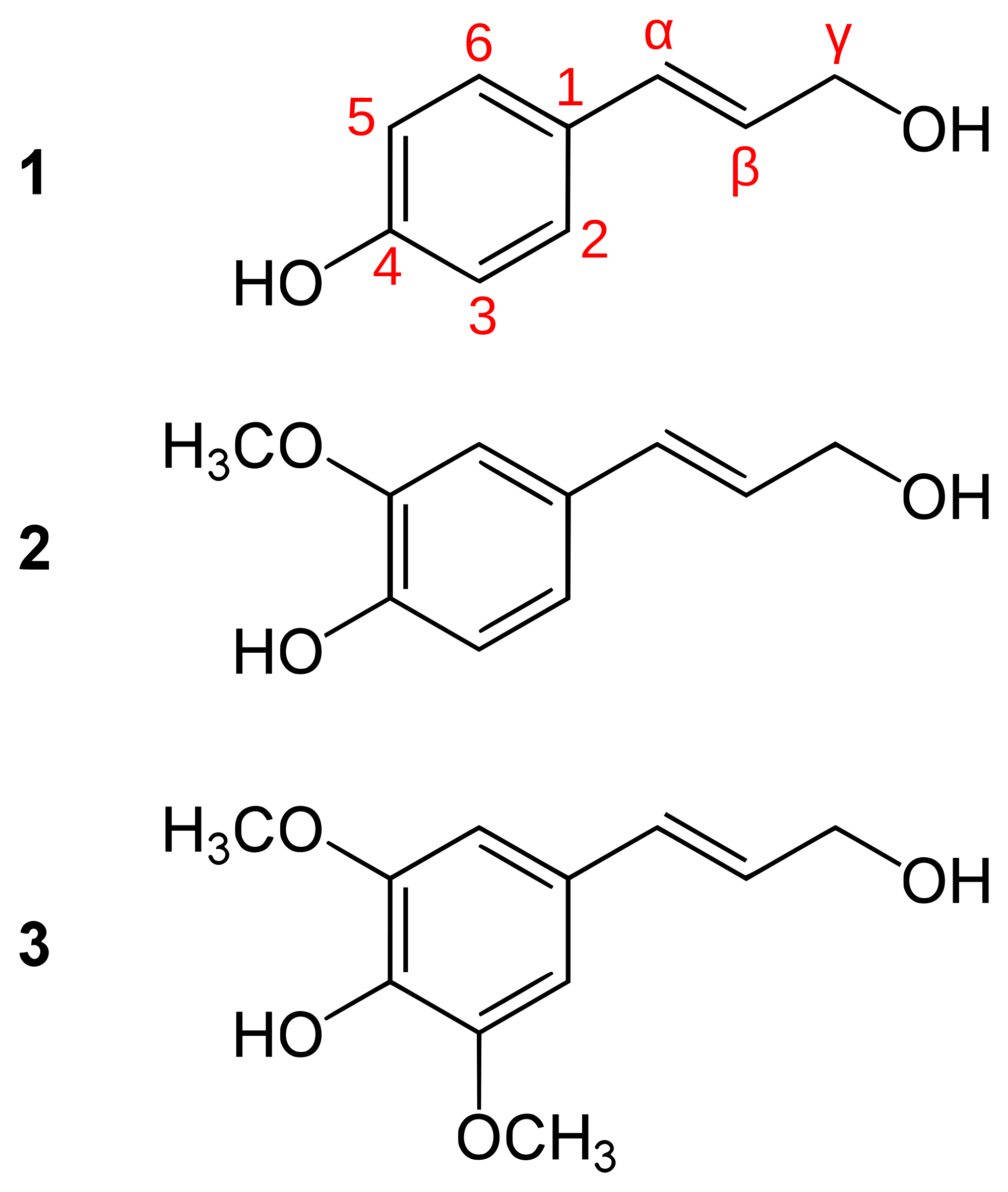 Die drei Grundbausteine von Lignin sind anhand von Strukturformeln beschrieben.