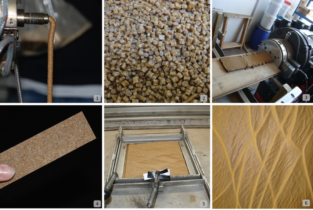 Schematic consisting of 6 images showing how natural fibre-based material is produced.