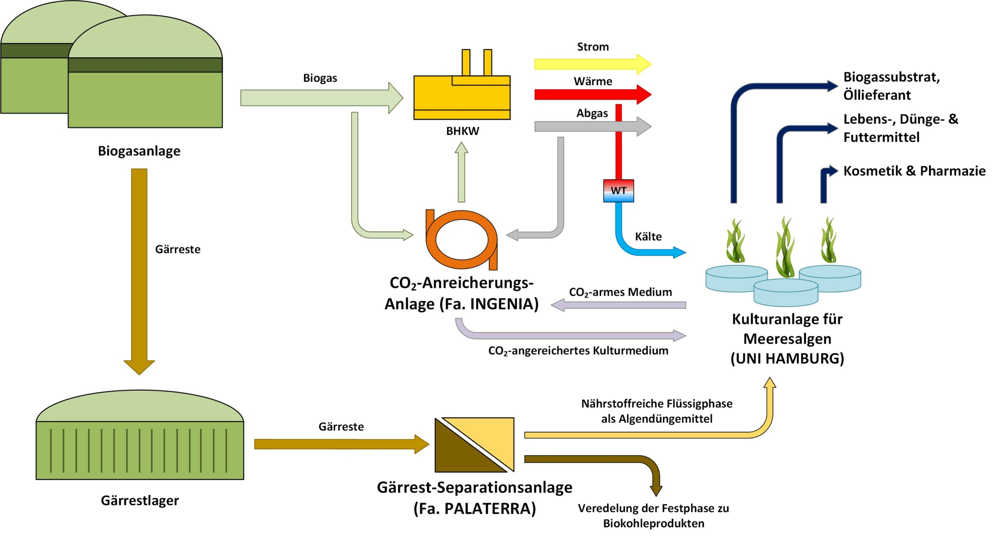 Zu sehen ist die schematische Darstellung aller Faktoren, die bei der Biogasanlage beteiligt sind, inklusive der Kulturanlage für Meeresalgen.