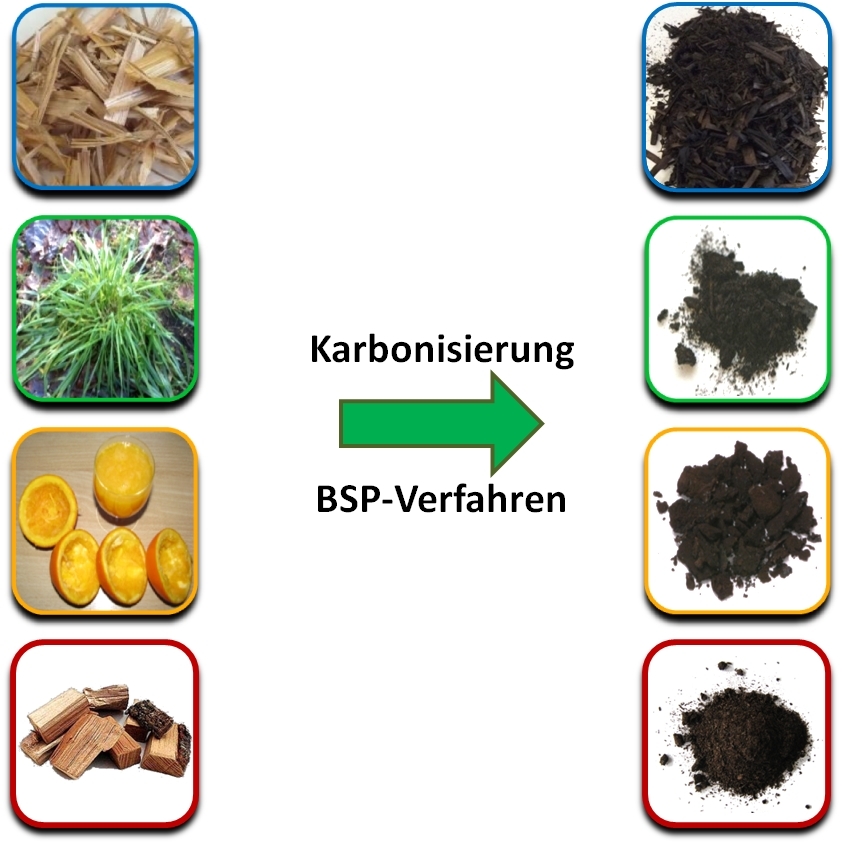 Biogene Abfälle lassen sich mit dem BSP-Verfahren karbonisieren. Es sind verschiedene Abfallbiomassen wie z.B. Orangenschalen dargestellt.