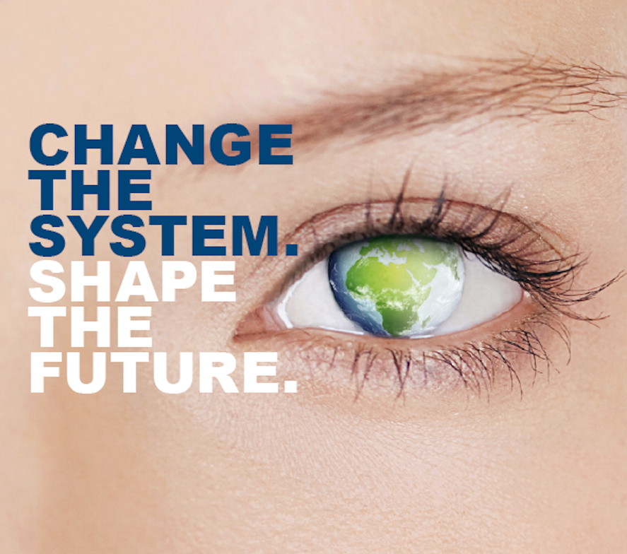 Close-up of a person's eye area. Only eye lashes, eye brows and the eye can be seen. The pupil is a globe with green continents. The slogan 