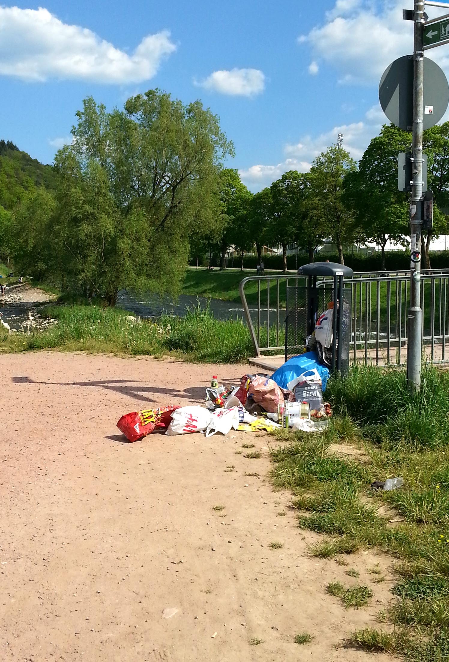 The photo shows a garbage bin in nature; huge quantities of plastic waste are lying next to it.
