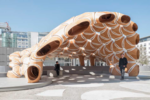 The research pavilion made of thin venner panels that are sewn together by robots and does not require the use of connective elements, was in 2016 erected temporarily on the Stuttgart University campus. It was inspired by sea urchin structures.