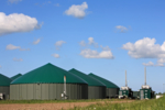 Das Bild zeigt drei Biogasreaktoren auf einem Feld unter blauem Himmel.