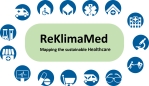 Die 15 Bereiche des Gesundheitswesens sind jeweils mit einem Icon dargestellt und kreisförmig um das ReKlimaMed Logo angeordnet.