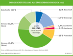 Die Grafik zeigt die Anteile regenerativer Energien am Gesamtenergiebedarf im Jahr 2012 in Deutschland.