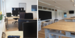 Links ist die Fotografie eines mit Laptop, Bildschirmen und Stühlen eingerichteten Büros zu sehen. Rechts sieht man einen großen Meetingraum mit weiß gestrichenen, aus Holzpaletten gebauten Tischen und Sitzgelegenheiten.