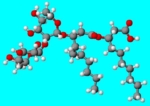 Zu sehen ist ein gezeichnetes Molekülgerüst mit roten, grauen und weissen Atomen.